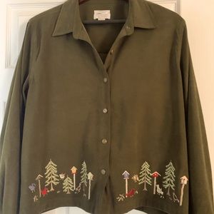 Christopher & Banks Large Embroidered Pines & Birds Frnt/Back LARGE cuffed shirt